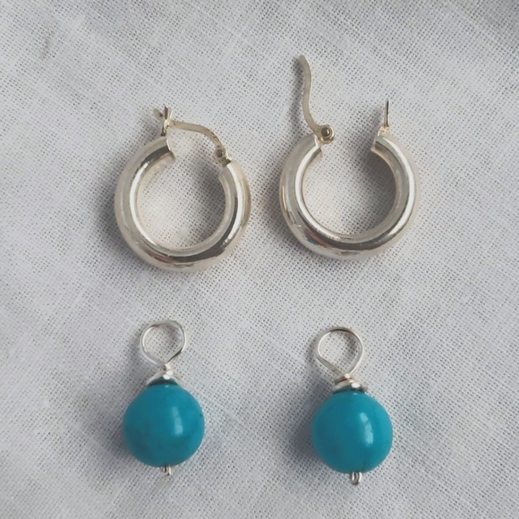 Freshwater pearl,turquoise and Amber silver earrings - Picture 9 of 9